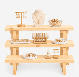 3-Tier Wooden Display Stand, Pine Wood Shelf Riser for Jewellar, Decor, Kitchen, Home & Retail Counter-natural - Thumbnail 1