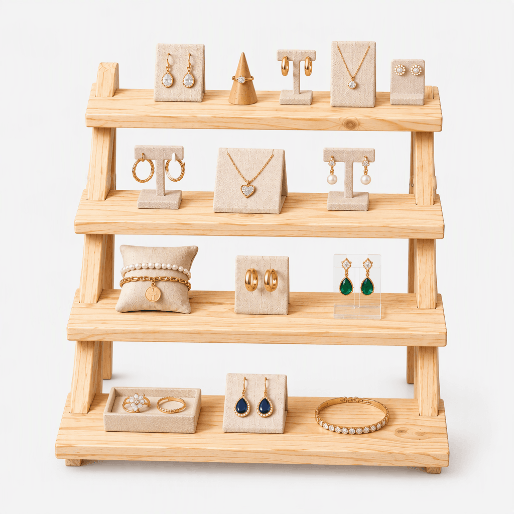 4-Tier Pine Wood Display Shelf, Wooden Stand & Organizer-natural - Woodwolf Image 1
