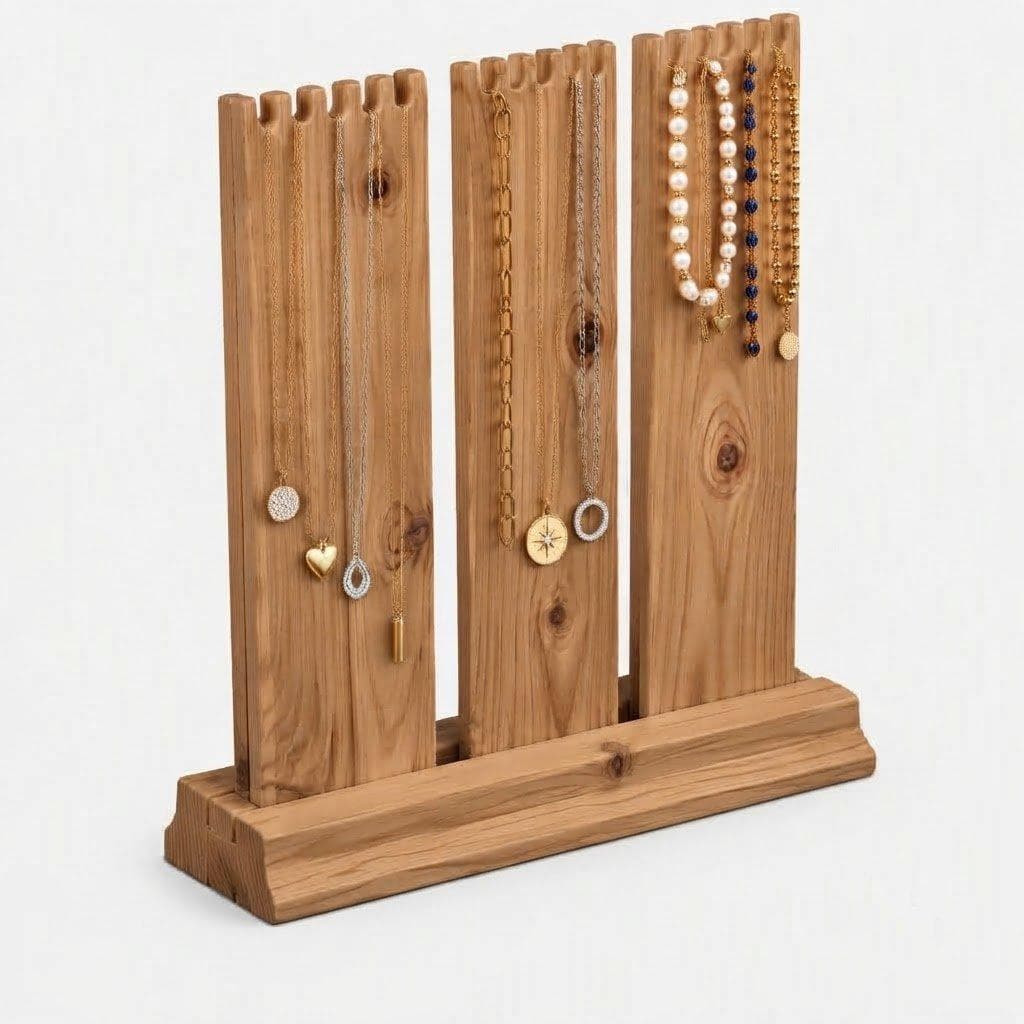 Wooden 3-Tier Jewellery Display Stand with Notched Slots for Necklace, Bracelet & Chain Organizer-walnut - Woodwolf Image 3