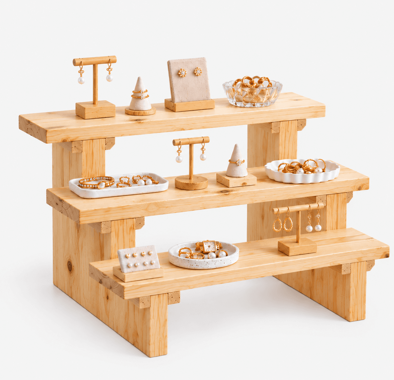 3-Tier Pine Wood Jewelry Stand Shelf Riser | Woodwolf in natural Finish