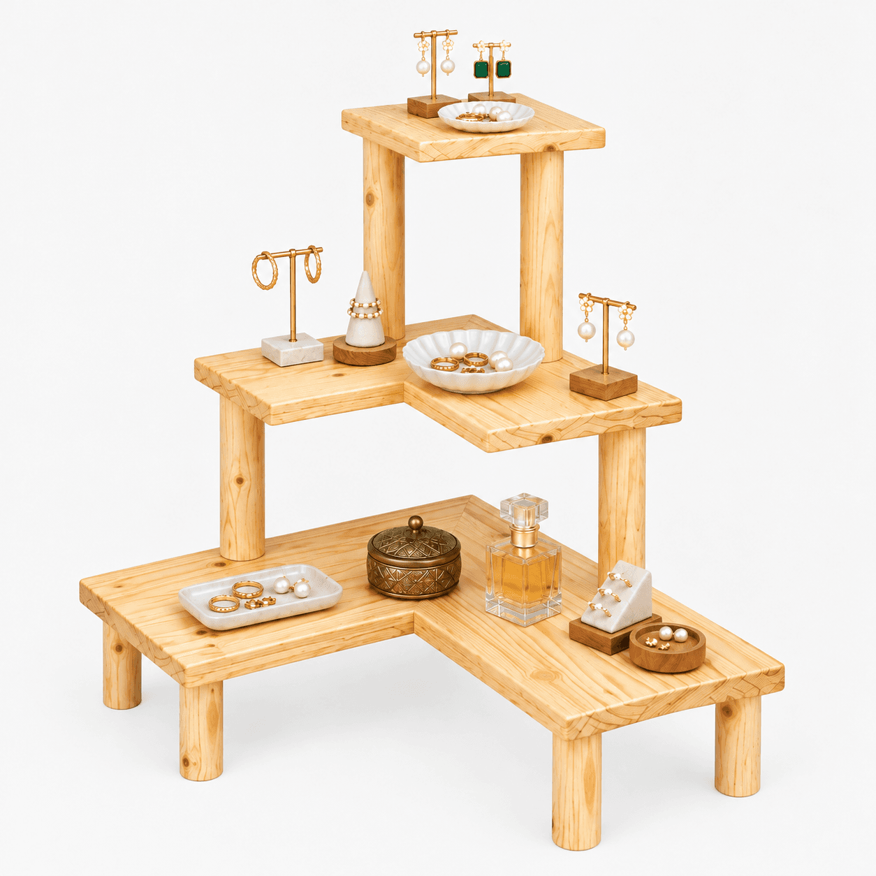 3-Tier Pine Wood Corner Jewellery Shelf Stand | Woodwolf in natural Finish