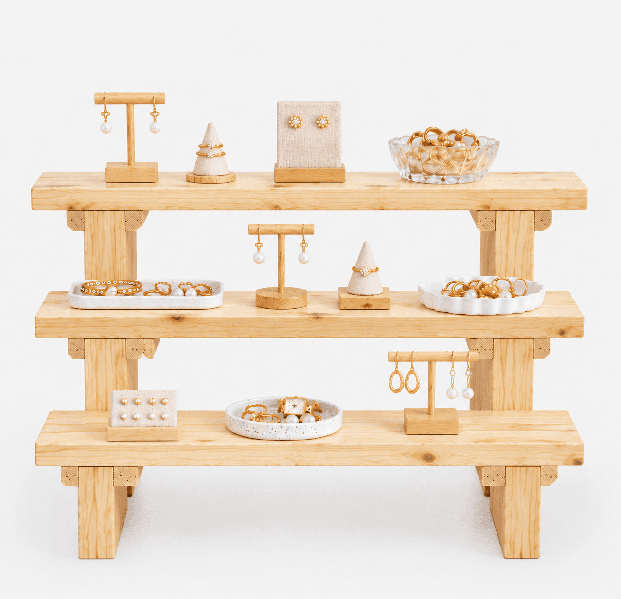 3-Tier Pine Wood Jewelry Stand Shelf Riser | Woodwolf in natural Finish