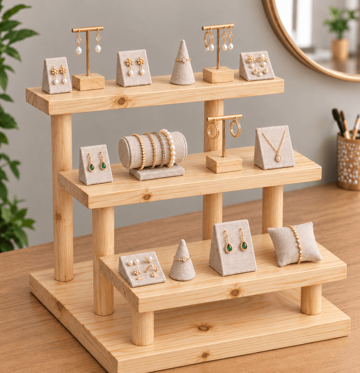 Woodwolf® Multi-Tier Wooden Display Stand, Pine Wood Tiered Shelf Riser for Jewellery display in natural Finish