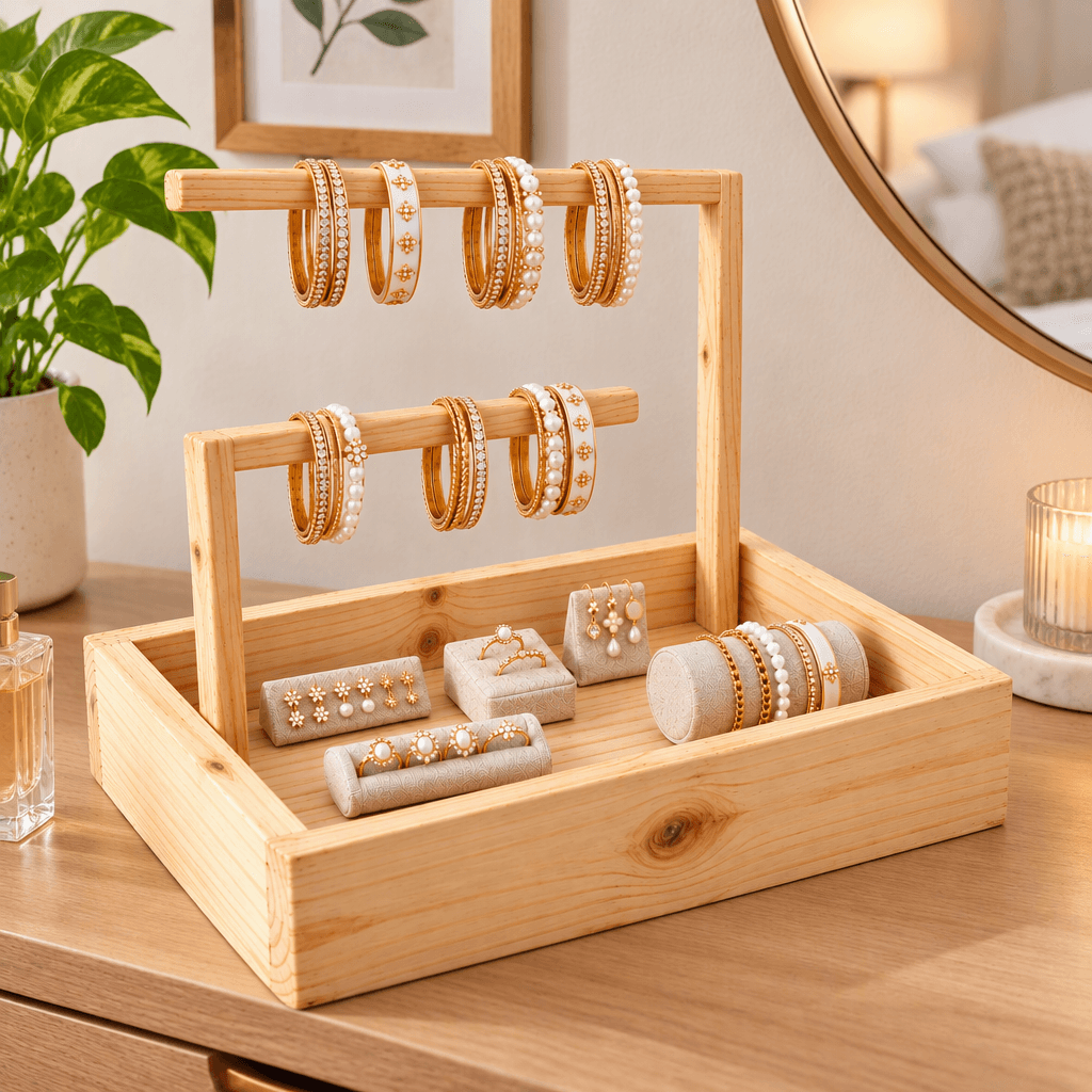 Pine Wood Jewellery Carrying Tray with Handle | Woodwolf in natural Finish