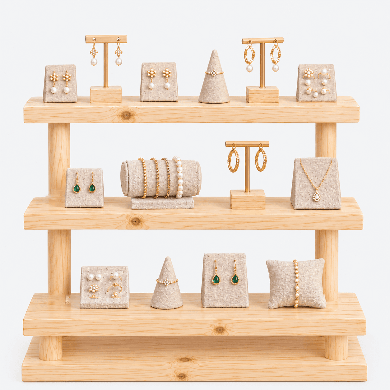 Woodwolf® Multi-Tier Wooden Display Stand, Pine Wood Tiered Shelf Riser for Jewellery display in natural Finish