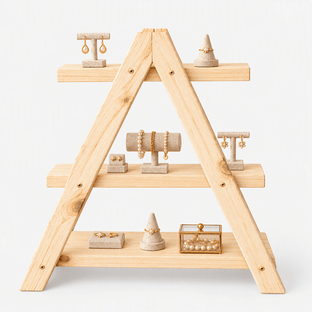 Woodwolf® Pine Wood 3-Tier A-Frame Display Stand | Wooden Shelf Rack for Jewellery Display in natural Finish