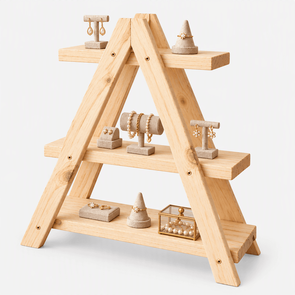 Woodwolf® Pine Wood 3-Tier A-Frame Display Stand | Wooden Shelf Rack for Jewellery Display in natural Finish