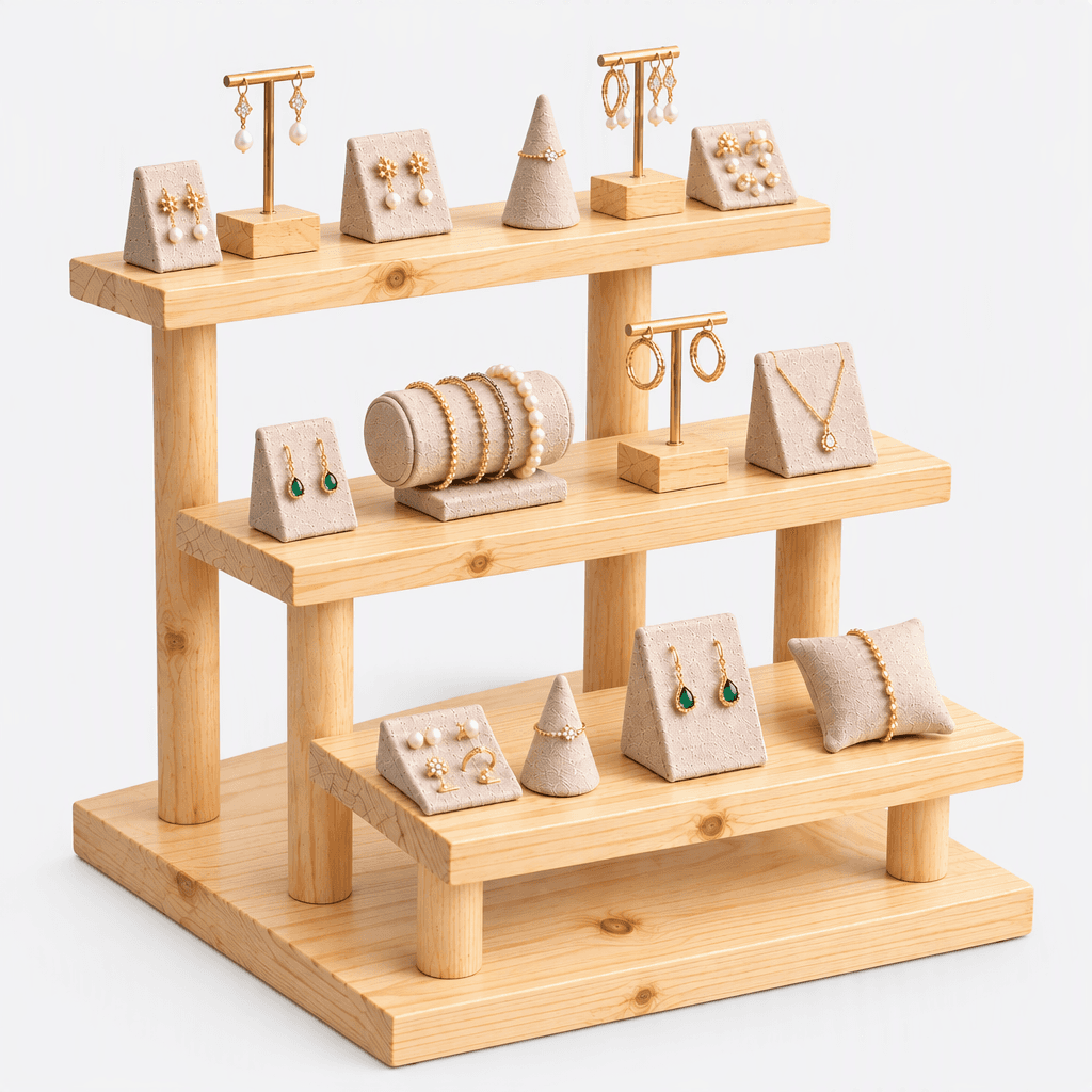 Woodwolf® Multi-Tier Wooden Display Stand, Pine Wood Tiered Shelf Riser for Jewellery display in natural Finish