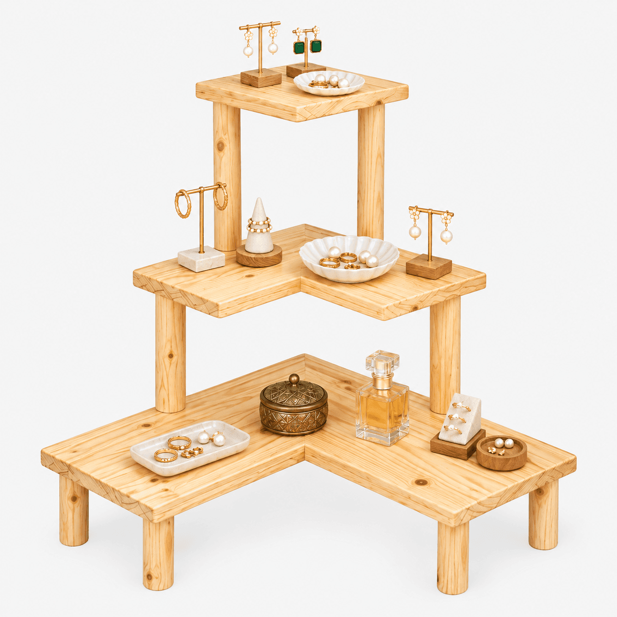 3-Tier Pine Wood Corner Jewellery Shelf Stand | Woodwolf in natural Finish