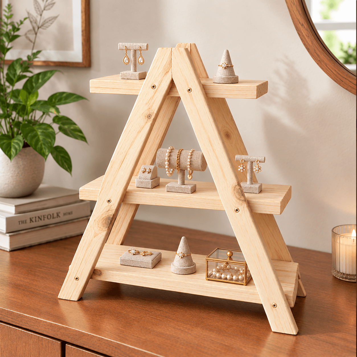 Woodwolf® Pine Wood 3-Tier A-Frame Display Stand | Wooden Shelf Rack for Jewellery Display in natural Finish