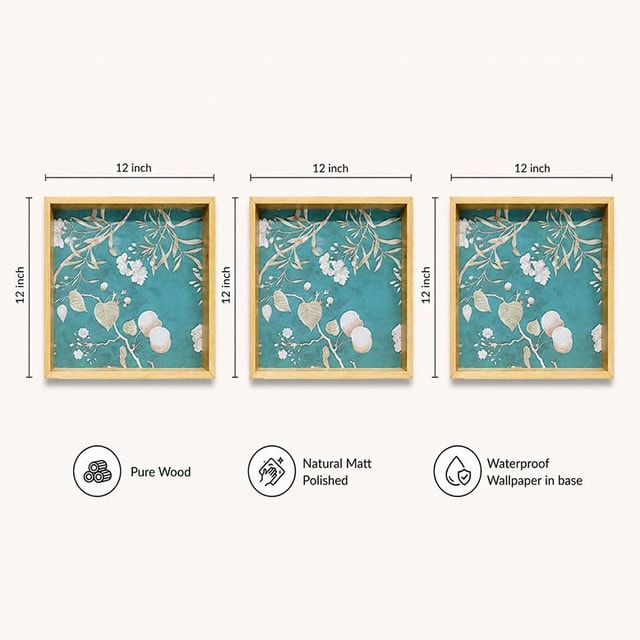 Teal Floral Wooden Serving Tray, Pure Wood, Natural Matt Polished, 12x12 Inch, Set of 3, Multipurpose Home Decor Dimensions