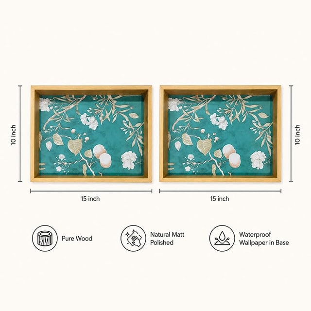 Wooden Serving Tray, Teal Floral Pattern, 15x10 Inch, Set of 2, Rectangular, Natural Clear Matte Finish, Multipurpose Decorative Tray Dimensions