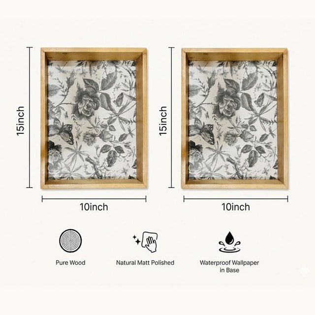 Wooden Serving Tray, Black and White Floral Print, Rectangular, Natural Clear Matte Finish, 15x10 Inch, Set of 2 Dimensions