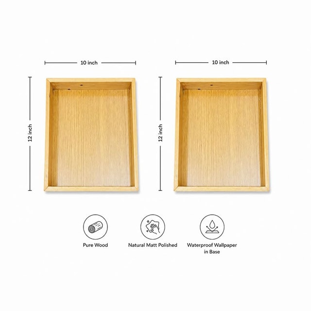 Wooden Serving Tray, Rectangular, Natural Clear Matte Finish, 10x12 Inch, Pure Wood, Multipurpose for Kitchen, Dining & Coffee Table Dimensions