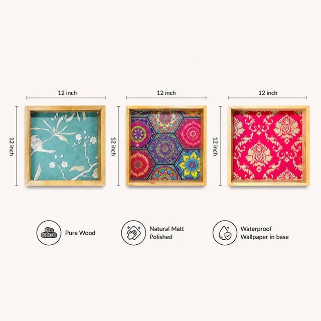 Wooden Serving Tray Set of 3, 12x12 Inch, Decorative Printed Trays, Natural Clear Matte Finish, Floral & Mandala Patterns Dimensions