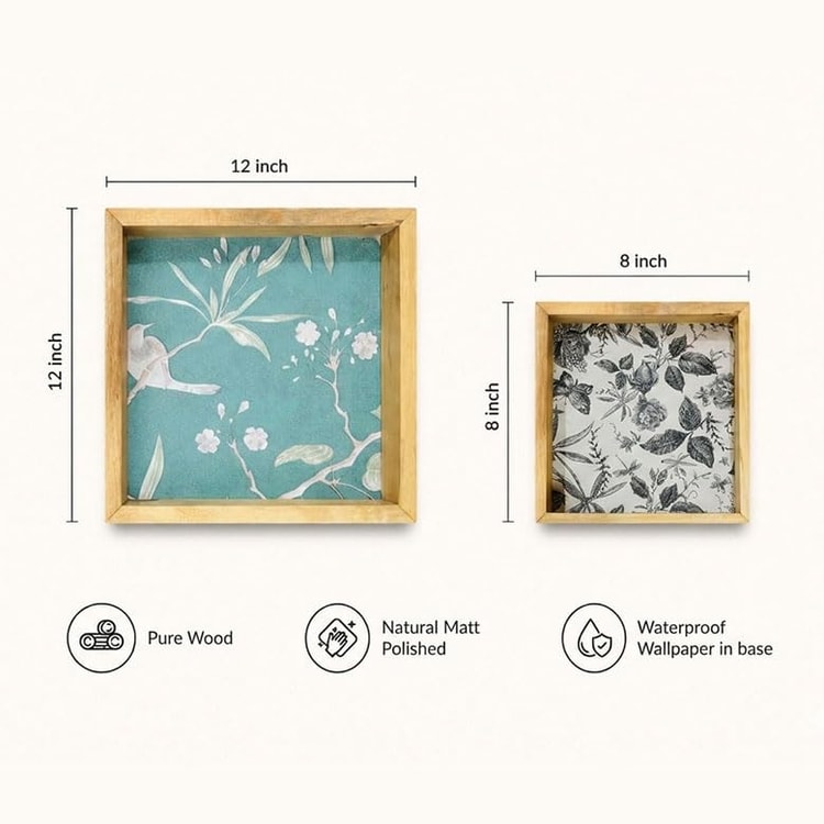 Wooden Serving Tray Set of 2, Floral Pattern, Natural Wood Finish, Rustic Farmhouse Style, Waterproof Base, 12 & 8 Inch Dimensions