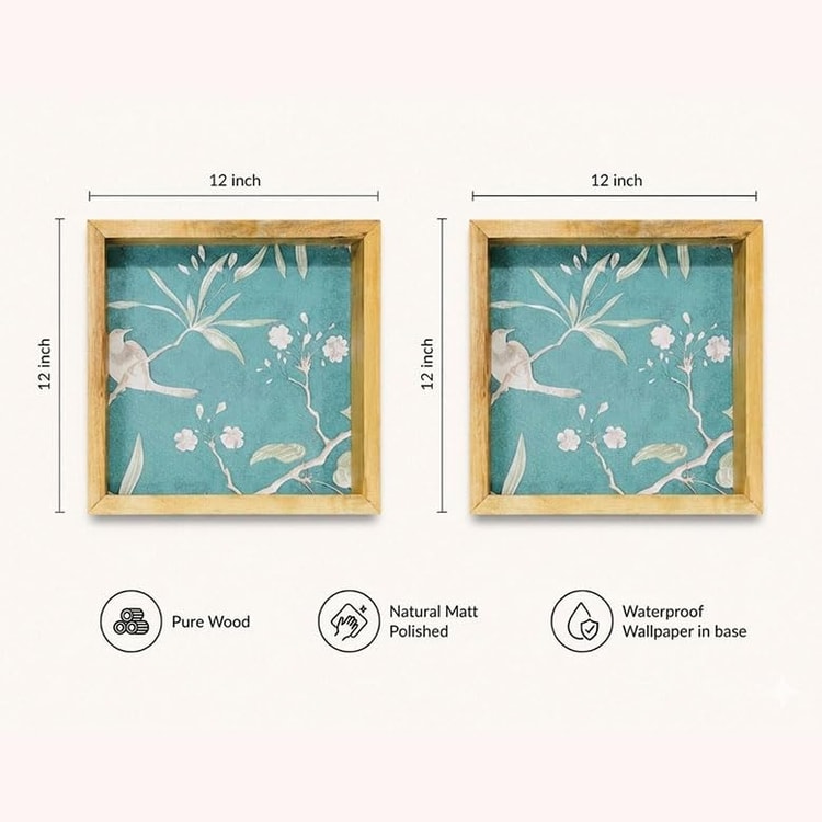 Wooden Serving Tray Set of 2, Teal Floral Pattern, 12x12 Inch, Natural Clear Matte Finish, Farmhouse Style, for Coffee Table & Home Décor Dimensions
