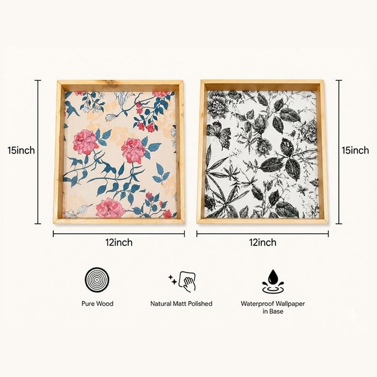 Wooden Serving Tray Set of 2, Floral Pattern, Natural Clear Matte Finish, Farmhouse Style Dimensions