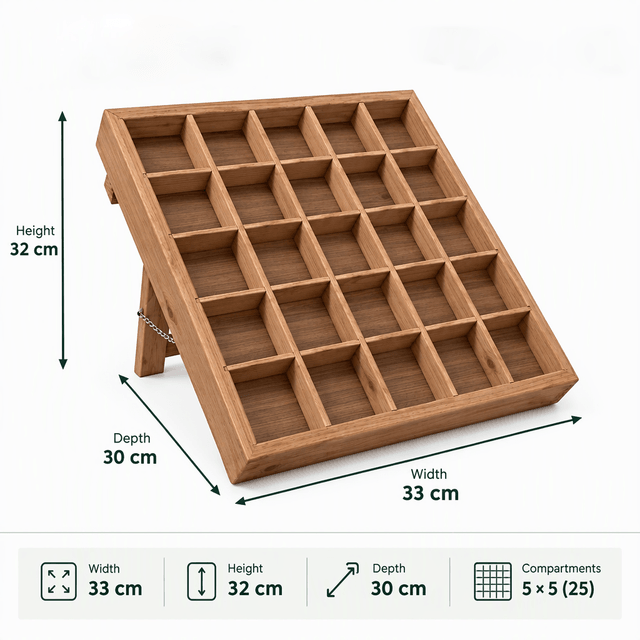 25-Compartment Wooden Display Organizer|Pine Wood Slanted Storage Shelf for Jewellery, Crafts & Decor-walnut Dimensions