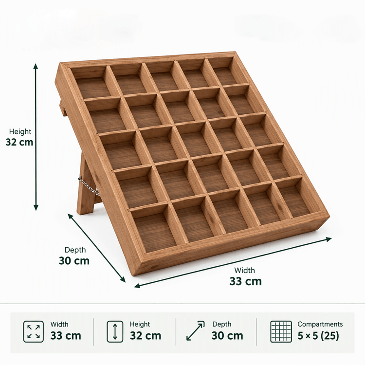 25-Compartment Wooden Display Organizer|Pine Wood Slanted Storage Shelf for Jewellery, Crafts & Decor-walnut Dimensions