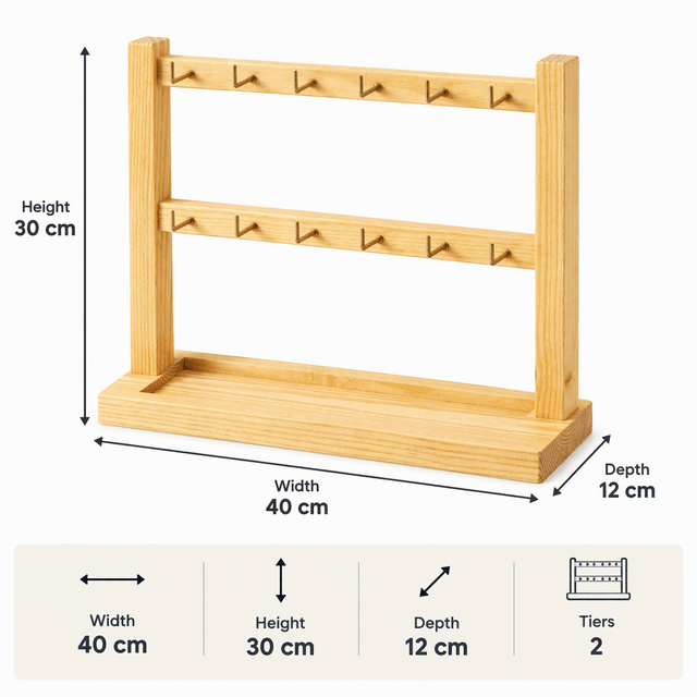 Wooden Jewelry Display Stand | Necklace, Earring & Bracelet Organizer with Brass Hooks-natural-2T Dimensions