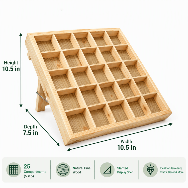 25-Compartment Wooden Display Organizer|Pine Wood Slanted Storage Shelf for Jewellery, Crafts & Decor-natural Dimensions