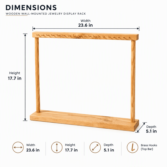 Wooden Wall-Mounted Jewelry Display Rack with Decorative Top Bar & Base Shelf-natural Dimensions