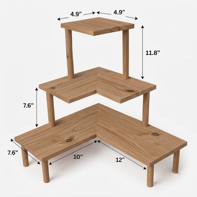 3-Tier Wooden Corner Display Stand, Pine Wood Shelf Riser for Decor & Retail-walnut Dimensions