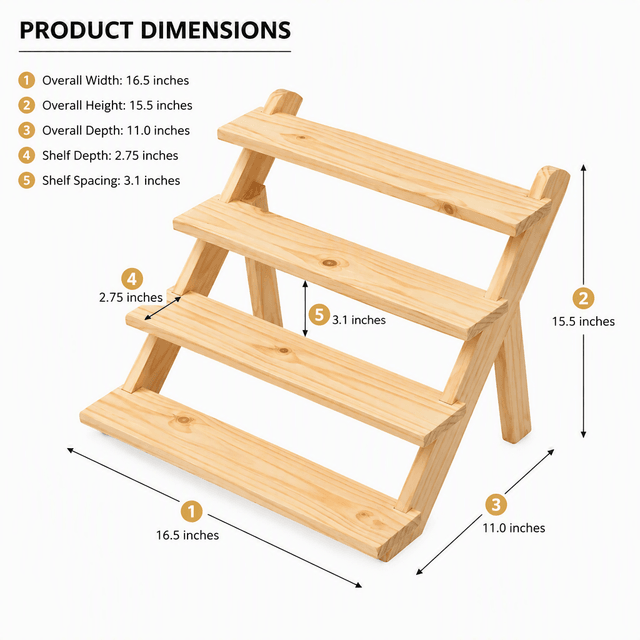 4-Tier Pine Wood Display Shelf, Wooden Stand & Organizer-natural Dimensions