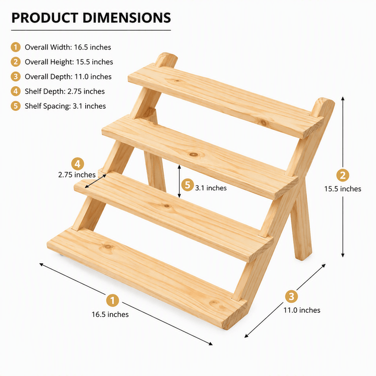 4-Tier Pine Wood Display Shelf, Wooden Stand & Organizer-natural Dimensions