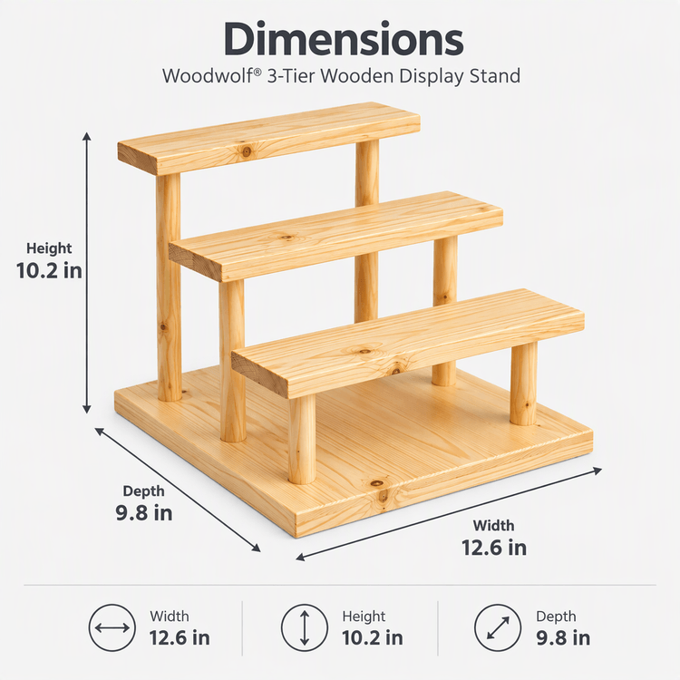 Multi-Tier Wooden Display Stand, Pine Wood Tiered Shelf Riser for Jewellery display Dimensions