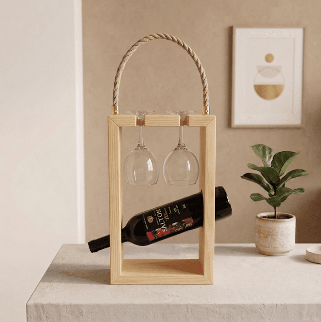 Pine Wood Wine Bottle & 2 Glass Holder | Wooden Portable Wine Carrier | Modern Wine Gift Caddy for Home & Picnic -natural