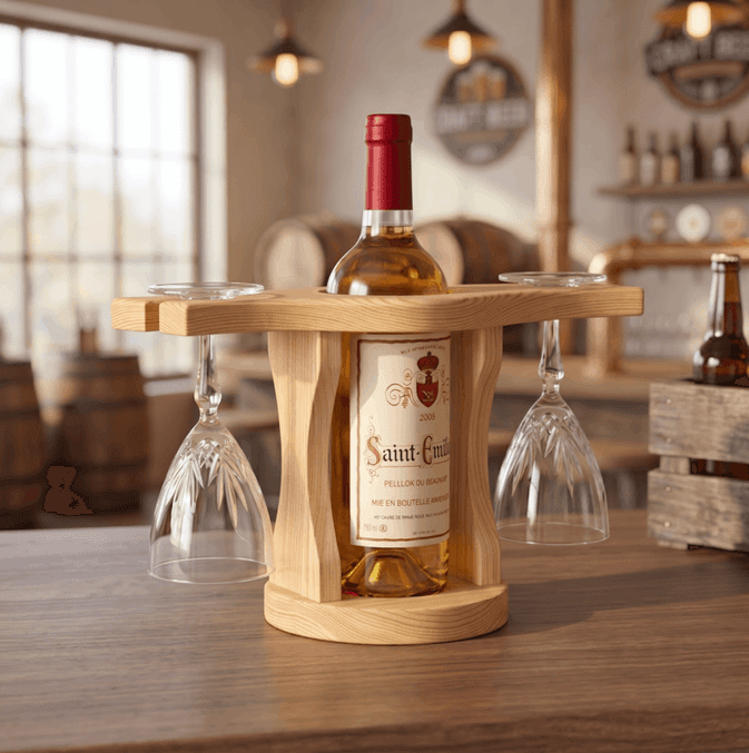Pine Wood Wine Bottle & Glass Holder Stand | Wooden Tabletop Wine Display Rack with 2 Hanging Stemware Glass Holders-natural