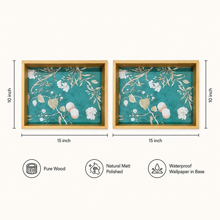 Wooden Serving Tray, Teal Floral Pattern, 15x10 Inch, Set of 2, Rectangular, Natural Clear Matte Finish, Multipurpose Decorative Tray Dimensions