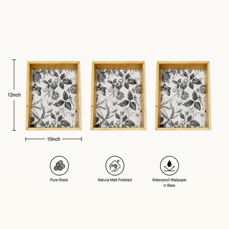 Wooden Serving Tray, Floral Pattern, Natural Clear Matte Finish, Rectangular, Farmhouse Style Dimensions