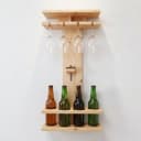 Pine Wood Wall Mounted & Countertop Wine Rack With Glass Holder | Wooden Wine Bottle Storage Organizer For Home Bar–Natural