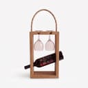 Pine Wood Wine Bottle & 2 Glass Holder | Wooden Portable Wine Carrier | Modern Wine Gift Caddy for Home & Picnic -walnut