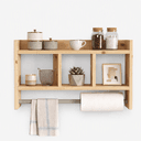 Pine Wood Wall Mounted Kitchen Storage Shelf With Paper Towel Holder | Wooden Spice Rack & Kitchen Organizer–Natural