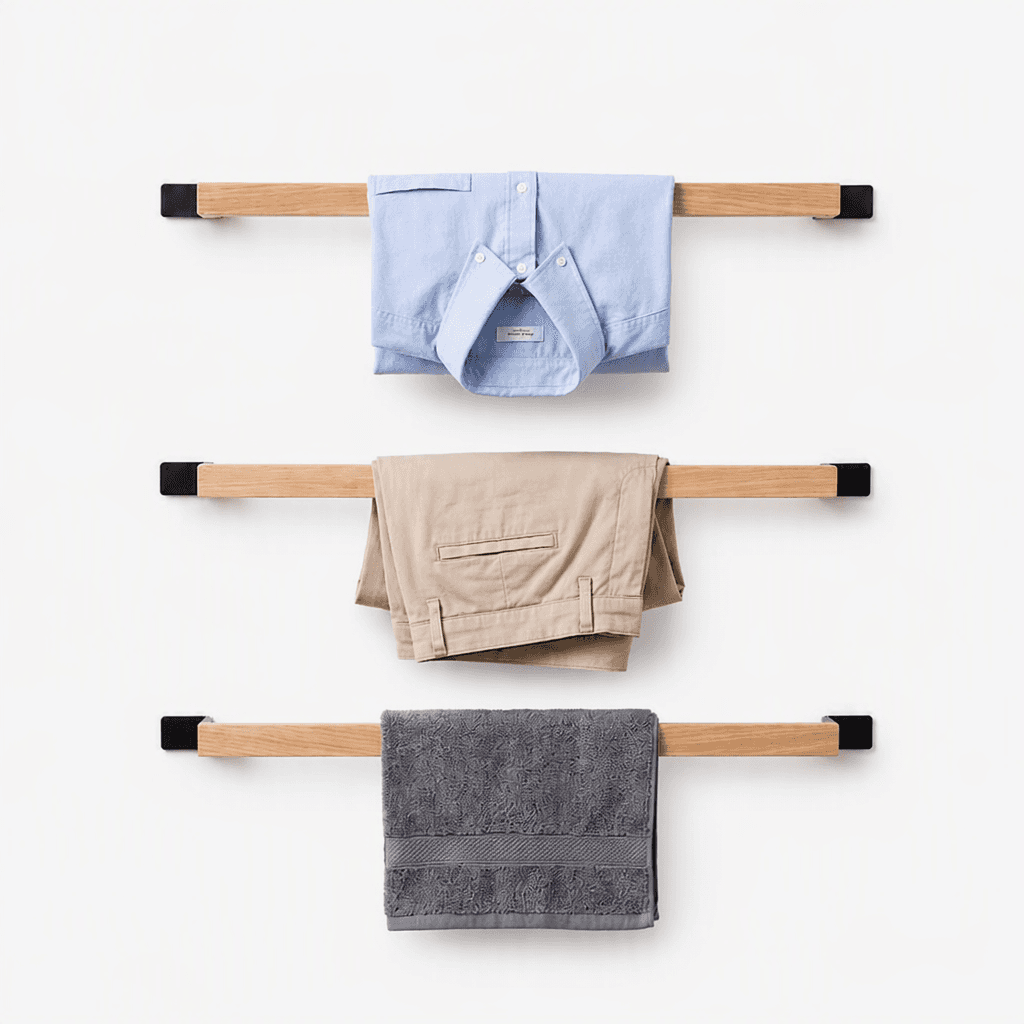 Pine Wood Wall Mounted Clothes Hanger Pack of 3 | Wooden Hanging Bar with Black Metal Brackets for Bathroom-natural