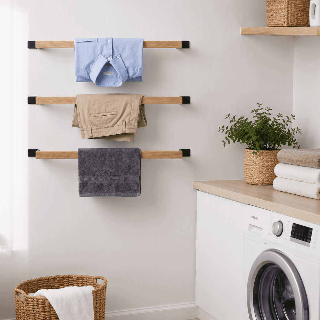 Pine Wood Wall Mounted Clothes Hanger Pack of 3 | Wooden Hanging Bar with Black Metal Brackets for Bathroom-natural