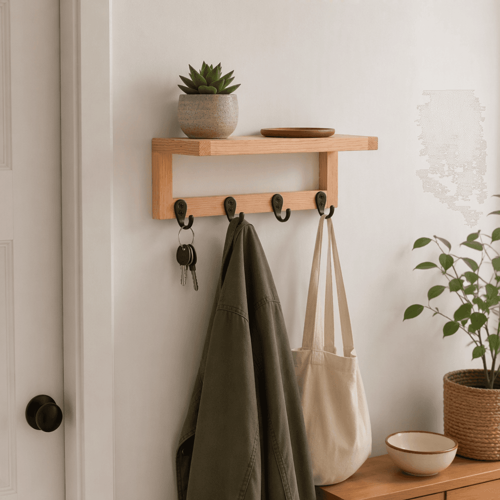 Pine Wood Bathroom Wall Mounted Shelf with 4 Hooks | Wooden Floating Storage Organizer for Bath Towels-natural