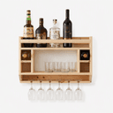 Pine Wood Wall Mounted Wine Rack With Glass Holder & Storage Shelf | Wooden Wine Bottle Display Organizer For Home Bar–Natural