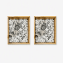 Wooden Serving Tray, Black and White Floral Print, Rectangular, Natural Clear Matte Finish, 15x10 Inch, Set of 2