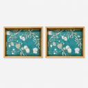 Wooden Serving Tray, Teal Floral Pattern, 15x10 Inch, Set of 2, Rectangular, Natural Clear Matte Finish, Multipurpose Decorative Tray