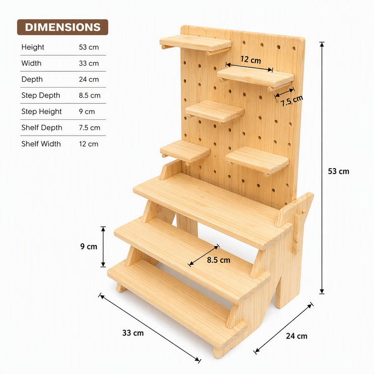 Pine Wood Multi-Tier Display Stand with Pegboard Shelves & Step Rack-natural Dimensions
