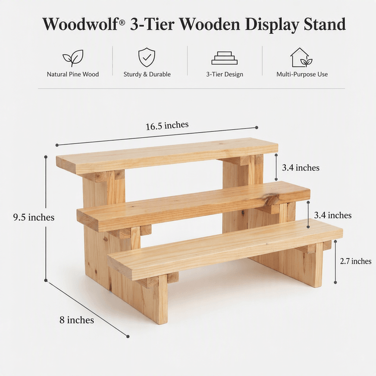 3-Tier Wooden Display Stand, Pine Wood Shelf Riser for Plants, Decor, Kitchen, Home & Retail Counter-natural Dimensions
