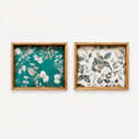 Wooden Serving Tray, Teal Floral Pattern, Pure Wood, Natural Clear Matte Finish, Rectangular, 15x10 Inch, Set of 2