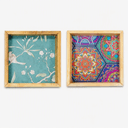 Wooden Serving Tray Set of 2, Square, Natural Clear Matte Finish, Floral & Mandala Pattern, 12 Inch