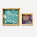 Pure Wood Decorative Square Serving Tray, Set of 2, Natural Matt Polished, Floral & Mandala Design, 30x30 cm and 20x20 cm