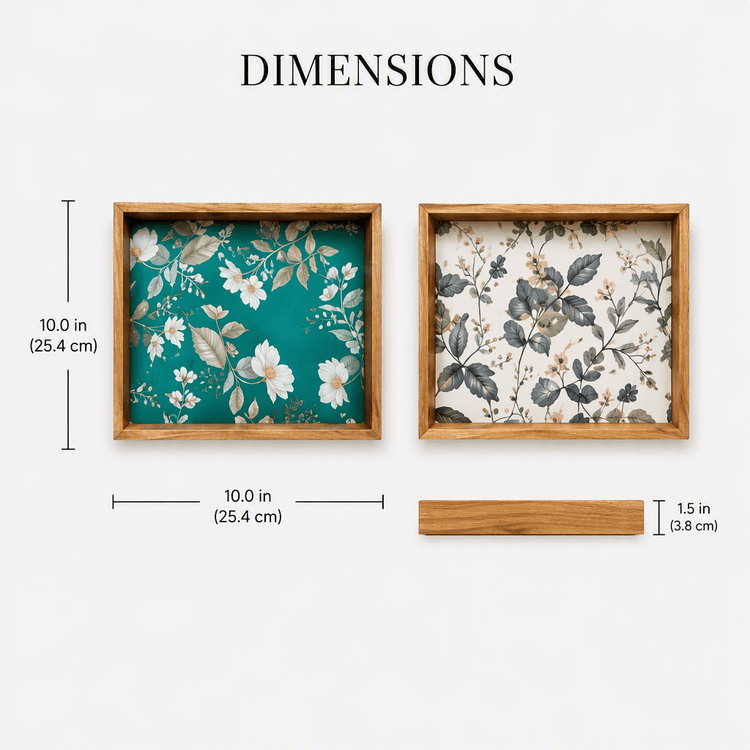 Wooden Serving Tray, Teal Floral Pattern, Pure Wood, Natural Clear Matte Finish, Rectangular, 15x10 Inch, Set of 2 Dimensions